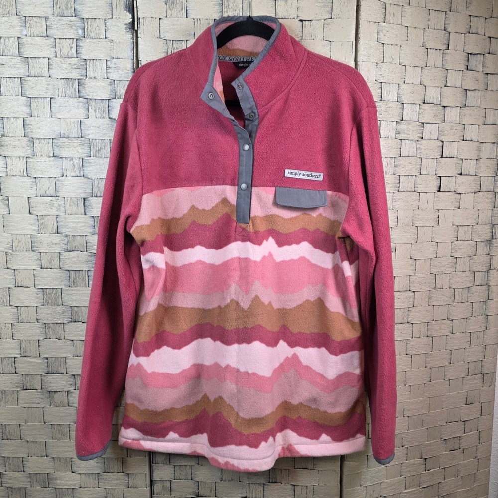 Simply Southern Fleece Pullover Women XL Pink Wavy Mountain Print Snap Mock Neck